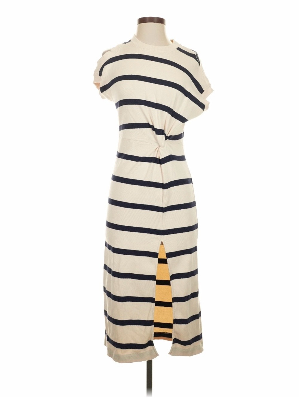 Tanya Taylor Striped Cream and Black Knot-Front Midi Dress